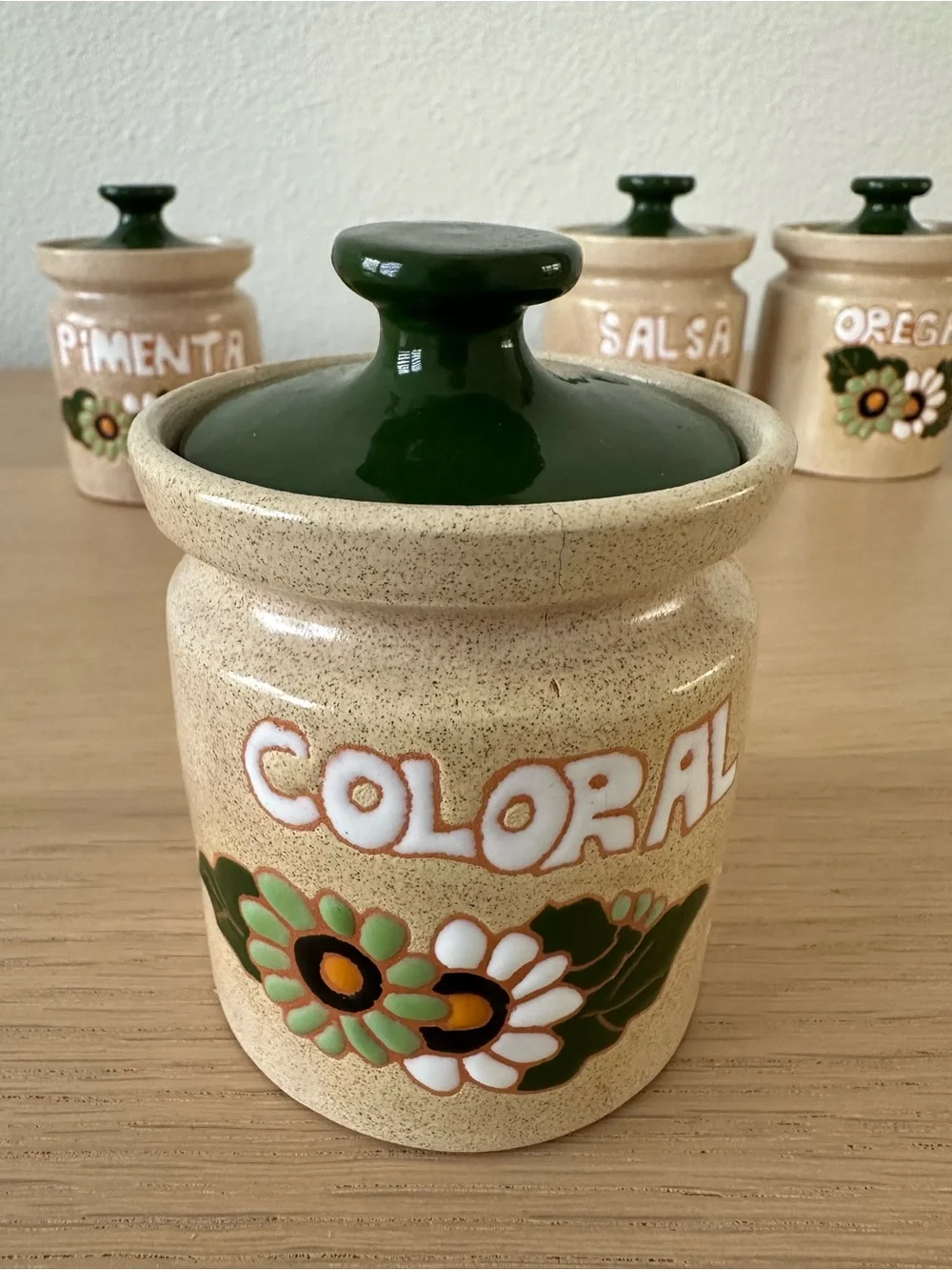 Set of 4 Vintage Ceramic Spice Jars with Green Lids